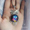 Collier fantaisie chouette et cabochon horloge fantaisie
