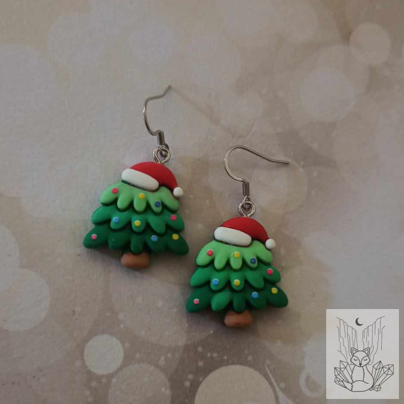 Boucles D'Oreilles De Noël - Pendentifs Sapins En Métal, Vert Et Blanc, Dormeuses Argentées