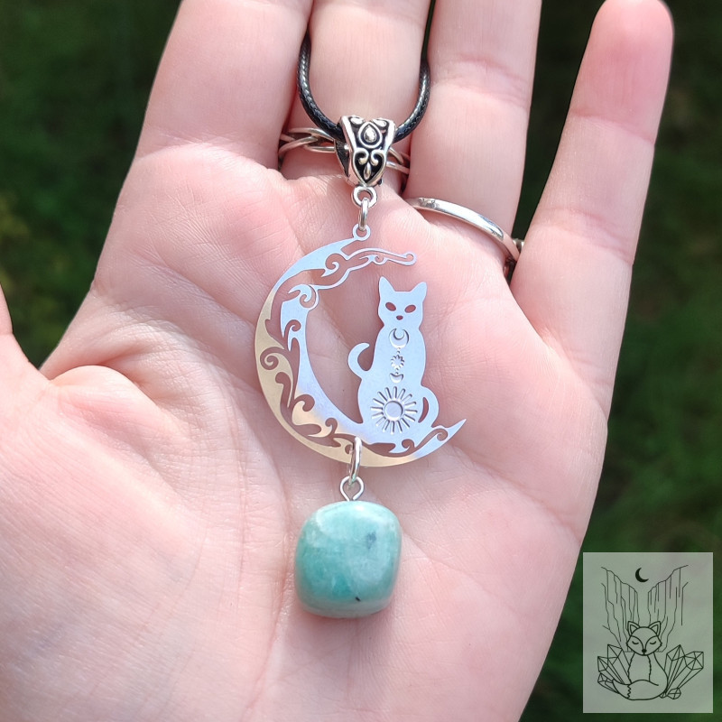 Collier chat lune et amazonite