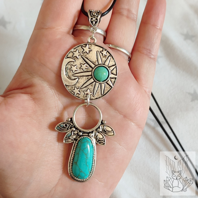 Collier fantaisie bohème lune et soleil turquoise
