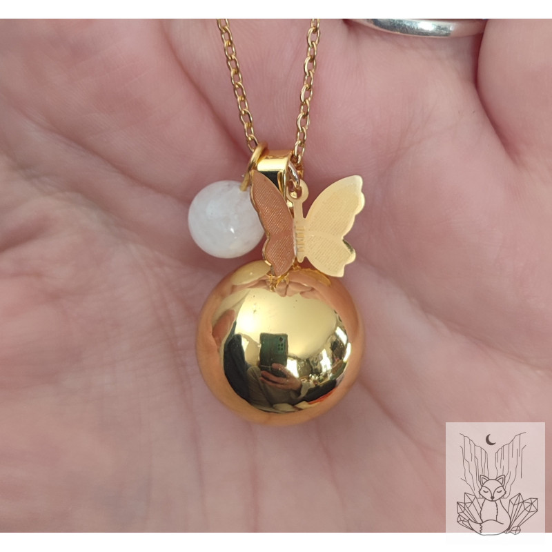 Bola de grossesse papillon doré avec perle en pierre de lune