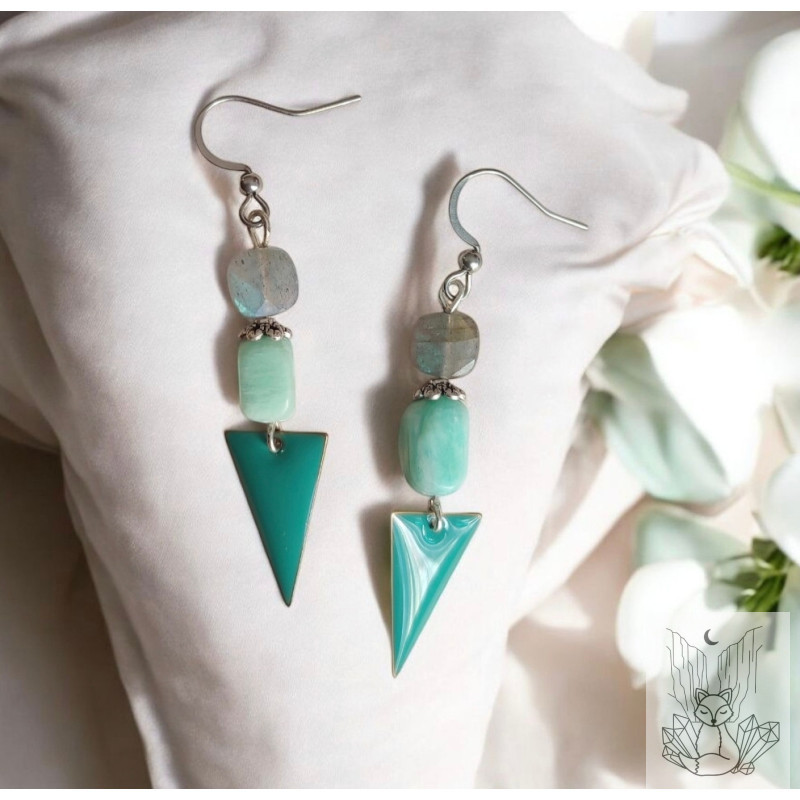 Boucles d'oreilles triangles avec perles en labradorite