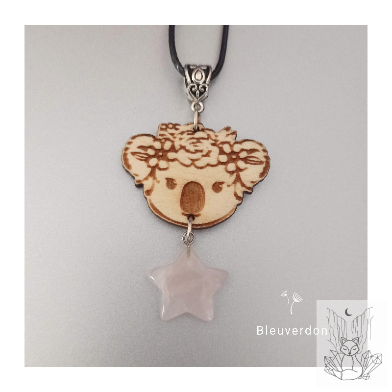 Collier koala en bois et quartz rose