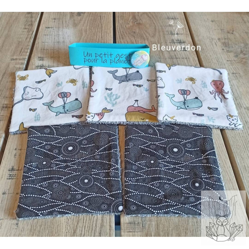 Lot de 5 grandes lingettes lavables. Lingettes démaquillantes